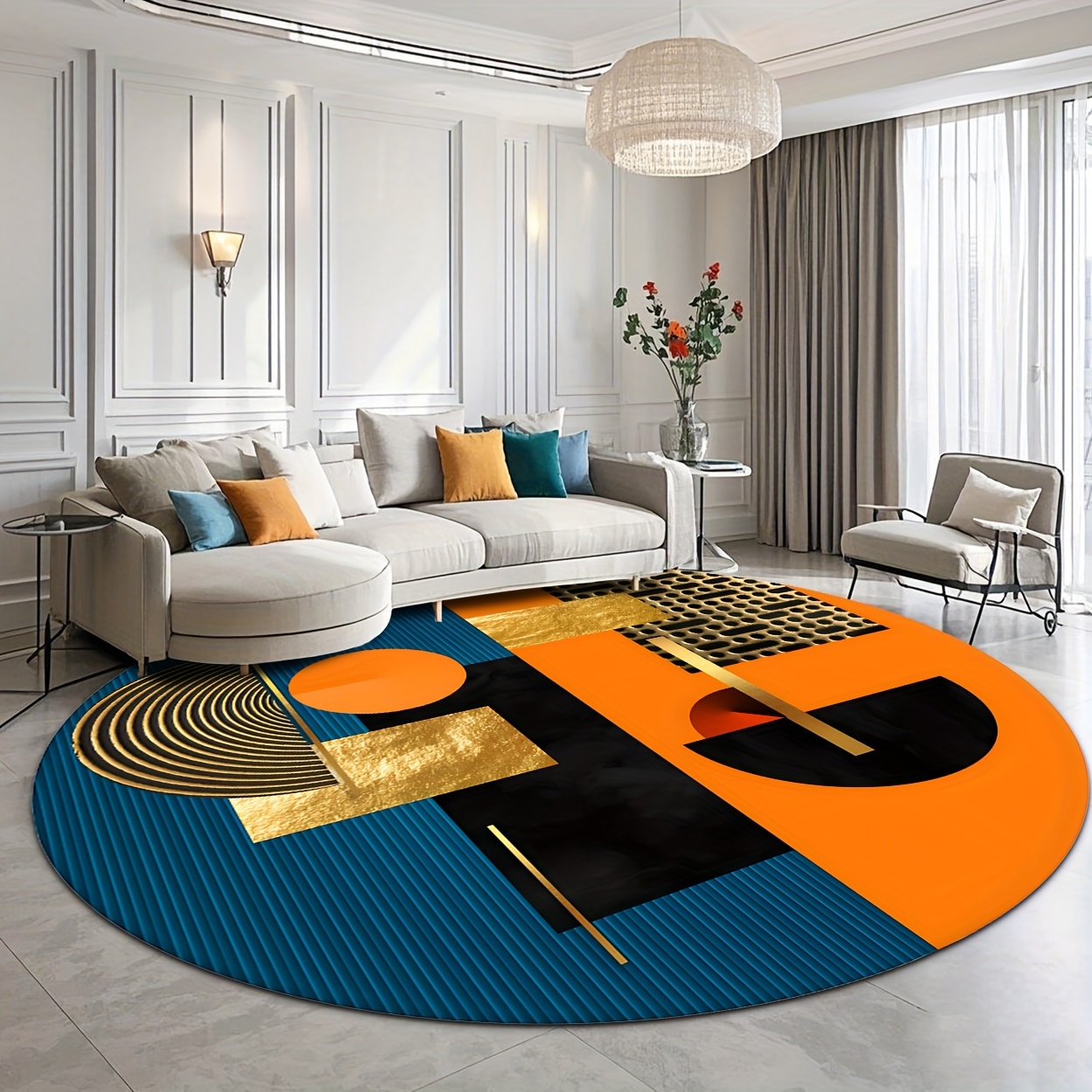 Interior Design Gold - พรมกลมลายเรขาคณิตสีส้ม น้ำเงิน ทอง ดีไซน์หรูหรา ผ้าฟลานเนลกันลื่น สำหรับห้องนั่งเล่น
