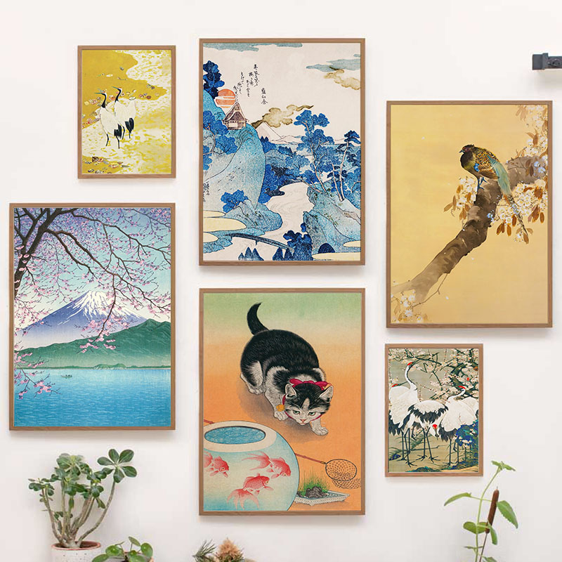 Interior Design Poster - ภาพพิมพ์บนผ้าใบของคาตสึชิกะ โฮคุไซ ศิลปะญี่ปุ่น ภาพภูเขาไฟฟูจิและนก สำหรับตกแต่งภายในห้องและบ้าน