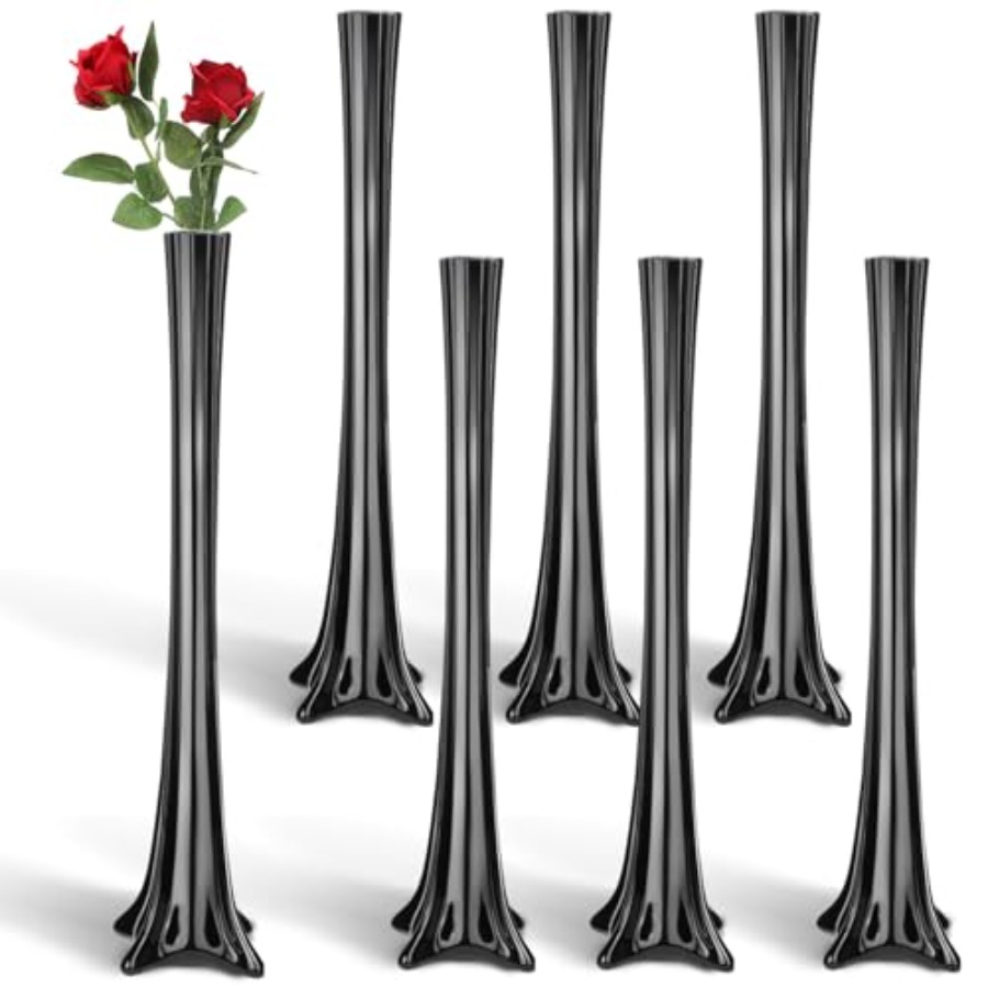 Fluted Vase Tall - แจกันแก้วทรงสูงสีดำสำหรับตกแต่งโต๊ะงานแต่งงาน งานเลี้ยงอาหารค่ำ และตกแต่งบ้าน